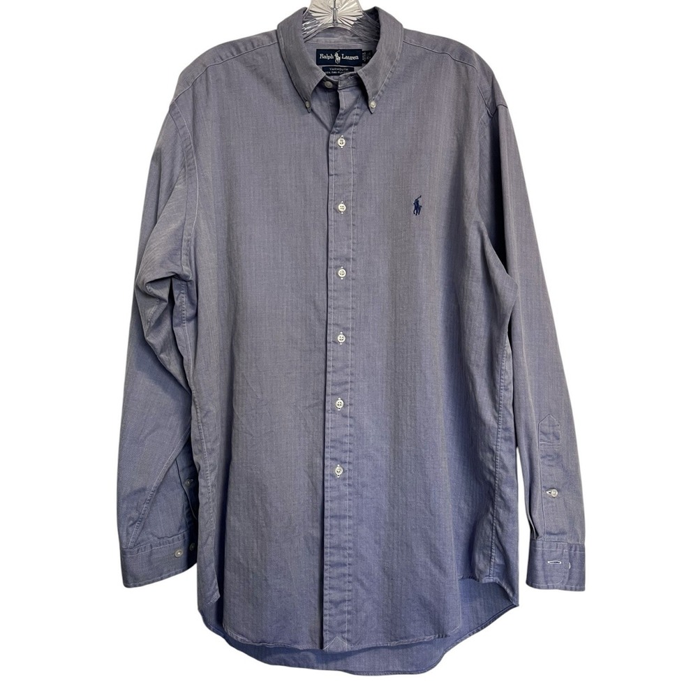 VTG Ralph Lauren 16.5 34/35 Yarmouth Shirt Blue Herringbone Pony Button Down